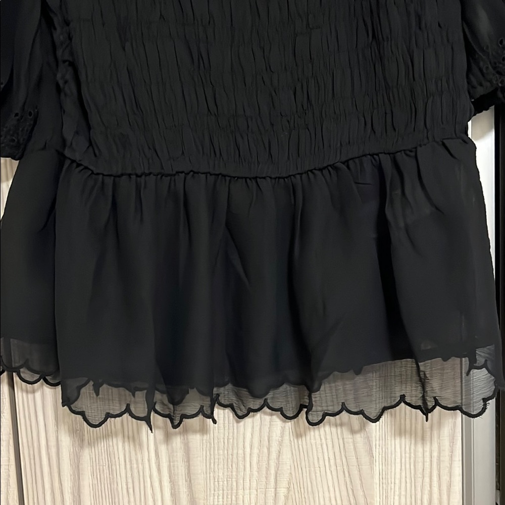 Black Smocked Peplum Blouse with Puff Sleeves - Picture 5 of 7